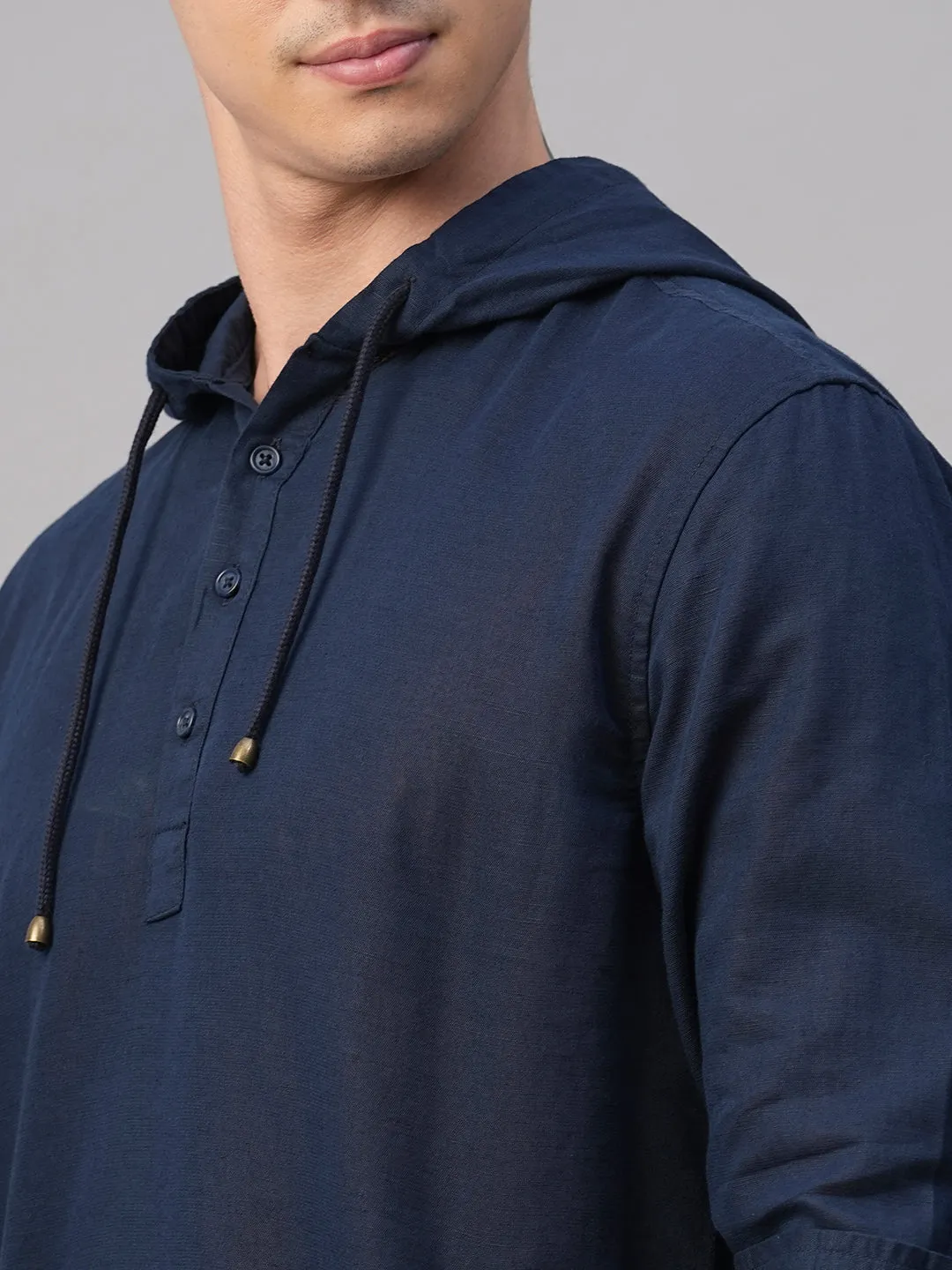 Men's Navy Cotton Linen Regular Fit Hooded Shirt