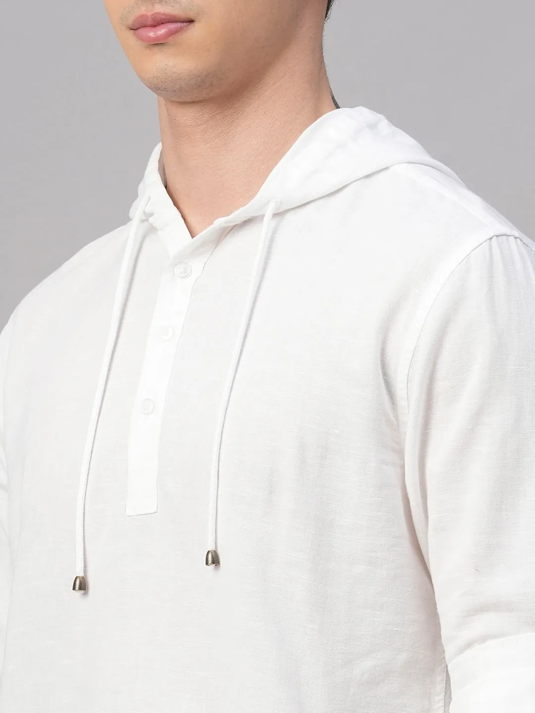 Men's White Cotton Linen Regular Fit Hooded Shirt