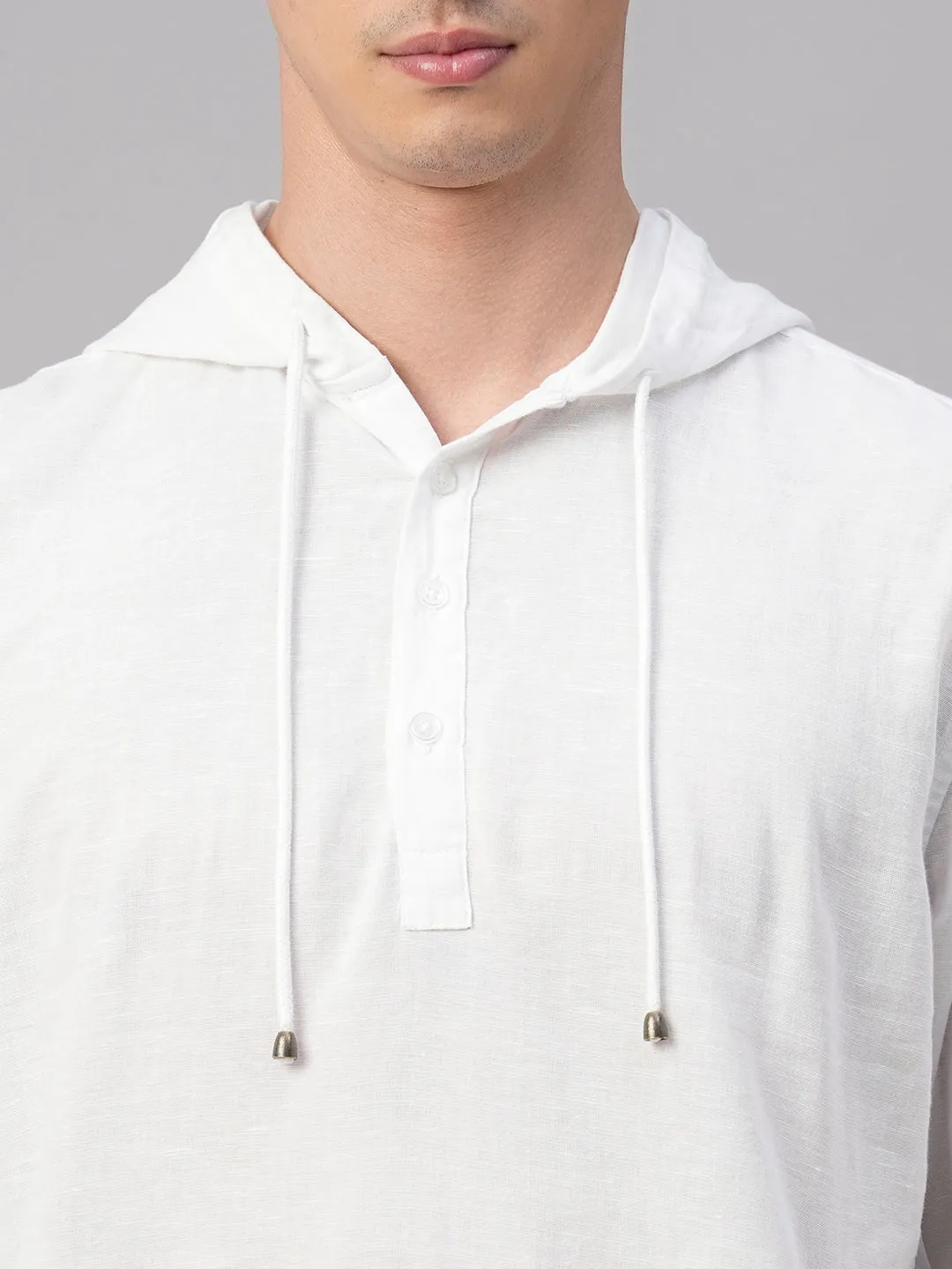 Men's White Cotton Linen Regular Fit Hooded Shirt