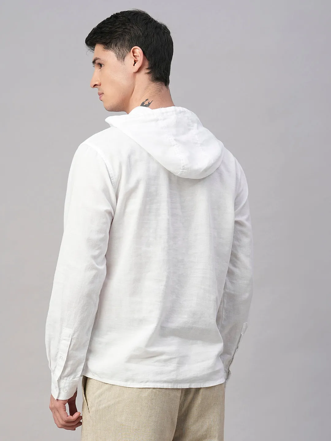 Men's White Cotton Linen Regular Fit Hooded Shirt