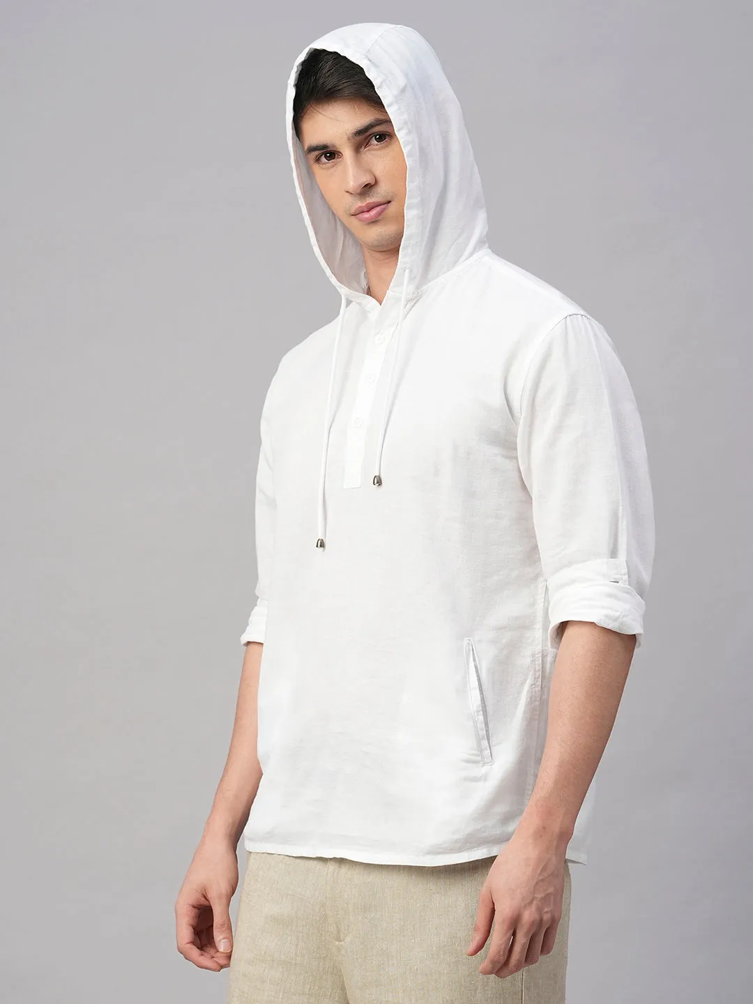 Men's White Cotton Linen Regular Fit Hooded Shirt