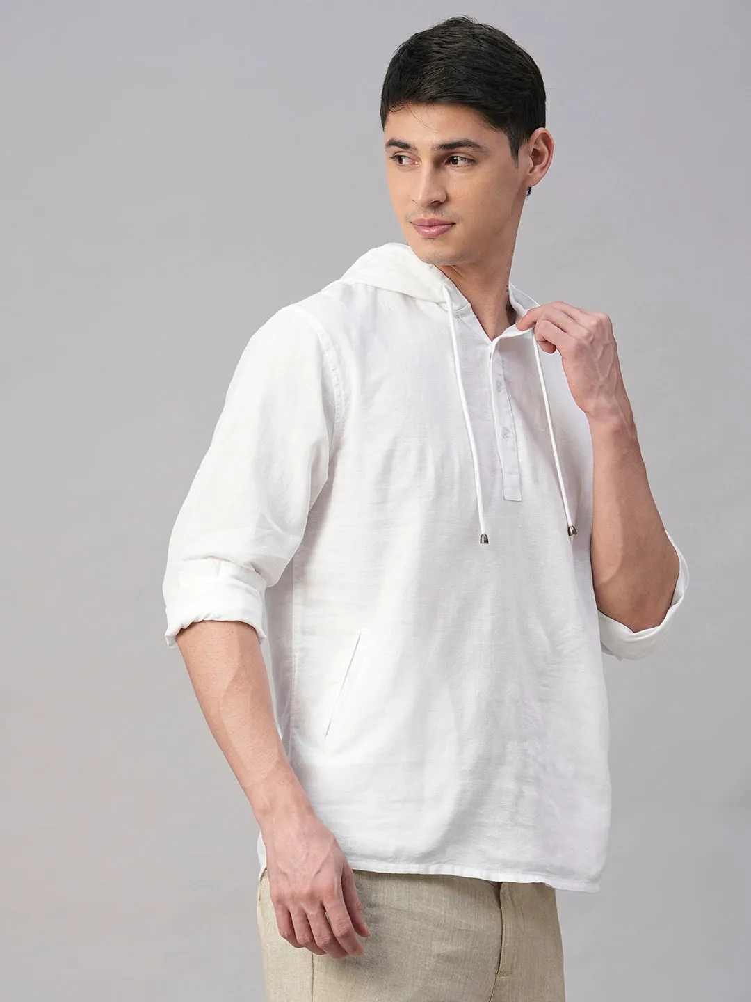 Men's White Cotton Linen Regular Fit Hooded Shirt
