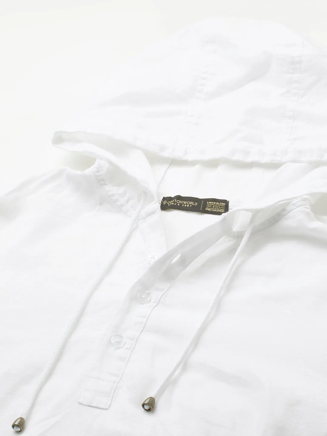 Men's White Cotton Linen Regular Fit Hooded Shirt