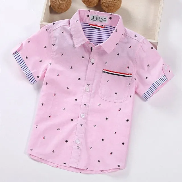 Mqtime   Hot Sale Children Shirts Casual Solid Cotton Short-sleeved Boys shirts For 2-14 Years Ribbon Decoration Baby shirts