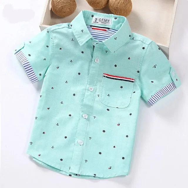 Mqtime   Hot Sale Children Shirts Casual Solid Cotton Short-sleeved Boys shirts For 2-14 Years Ribbon Decoration Baby shirts