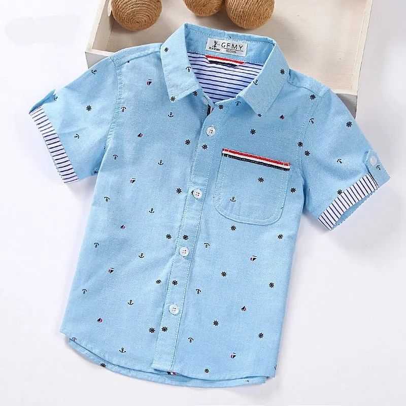 Mqtime   Hot Sale Children Shirts Casual Solid Cotton Short-sleeved Boys shirts For 2-14 Years Ribbon Decoration Baby shirts