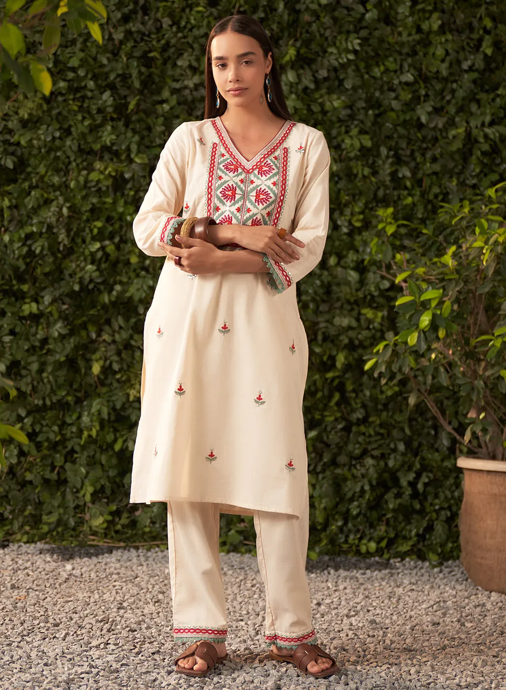 Nia Ivory Embroidered Rayon Co-ord Set for Women