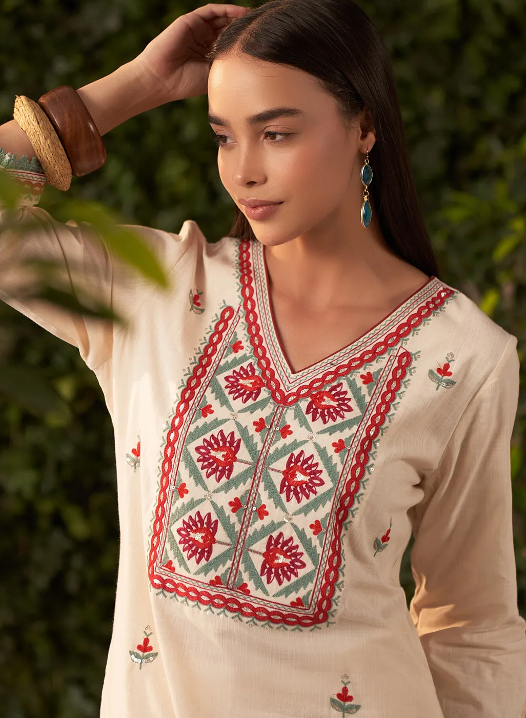 Nia Ivory Embroidered Rayon Co-ord Set for Women