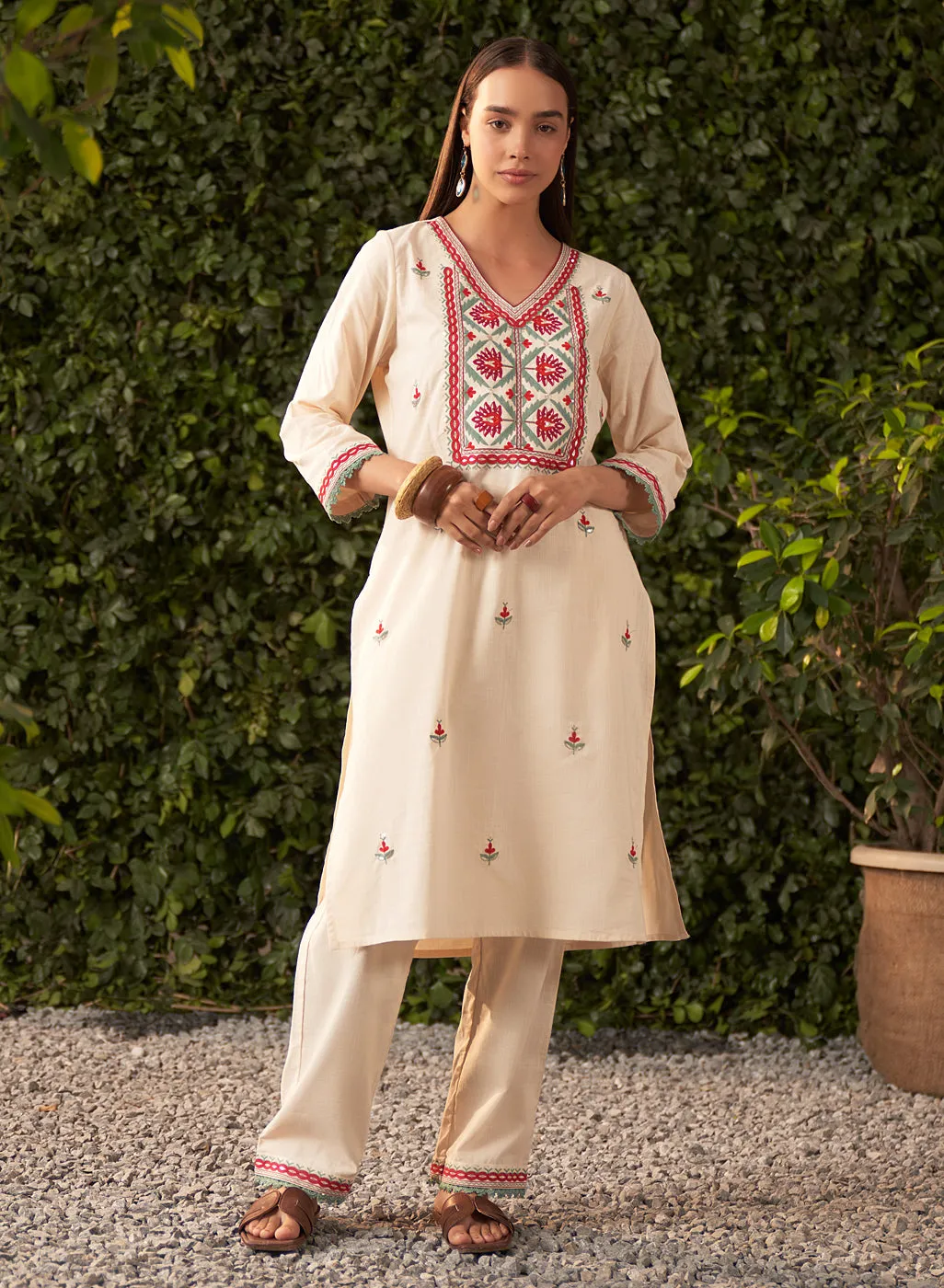 Nia Ivory Embroidered Rayon Co-ord Set for Women