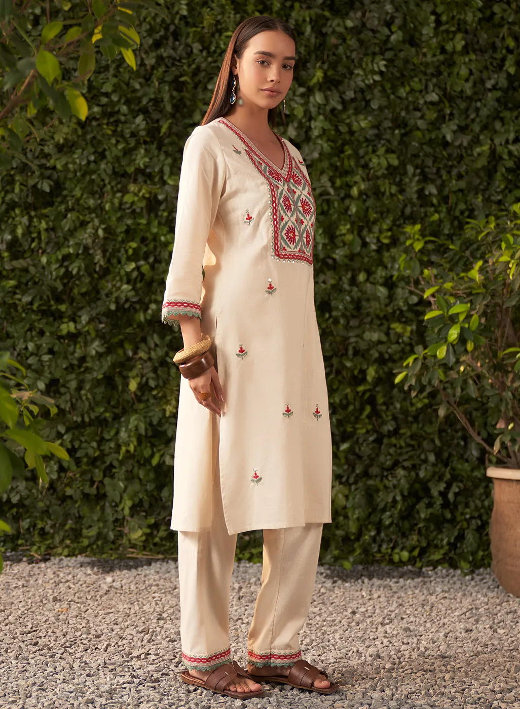 Nia Ivory Embroidered Rayon Co-ord Set for Women