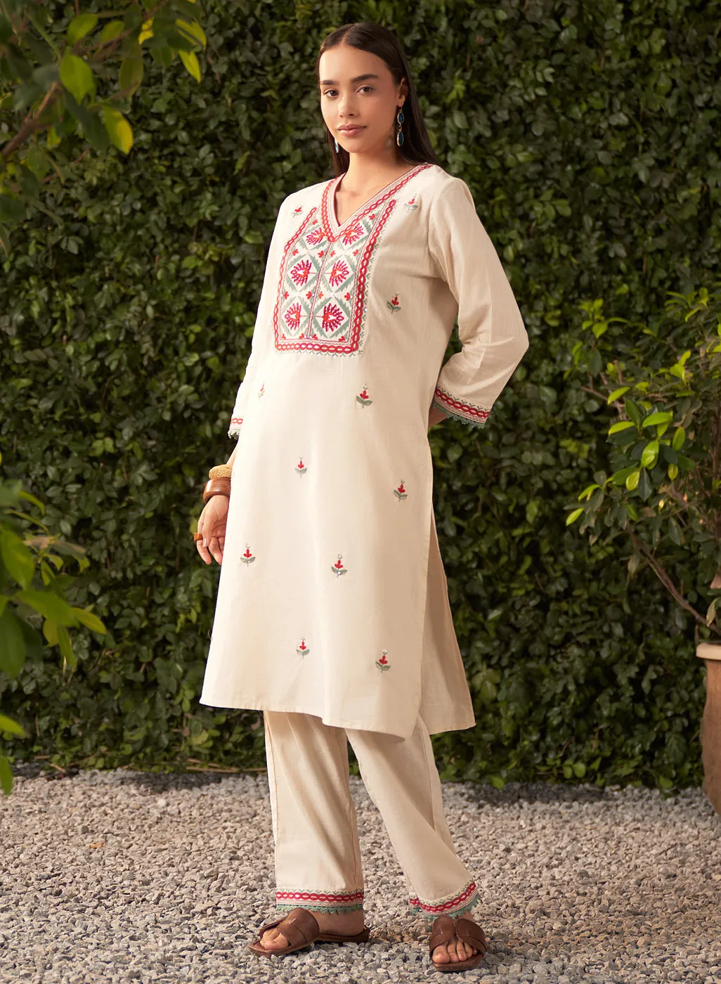Nia Ivory Embroidered Rayon Co-ord Set for Women