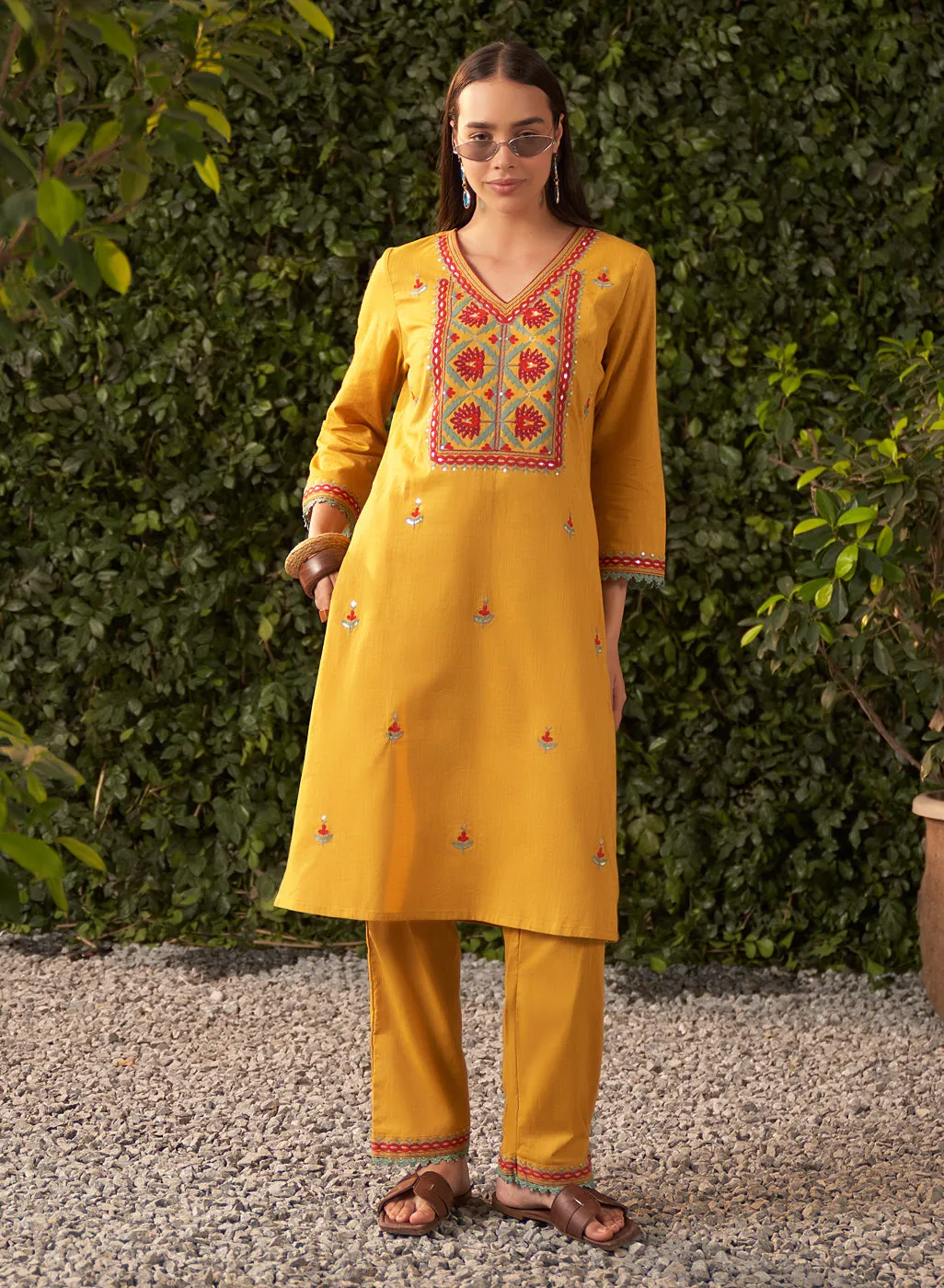 Nia Mustard Embroidered Rayon Co-ord Set for Women