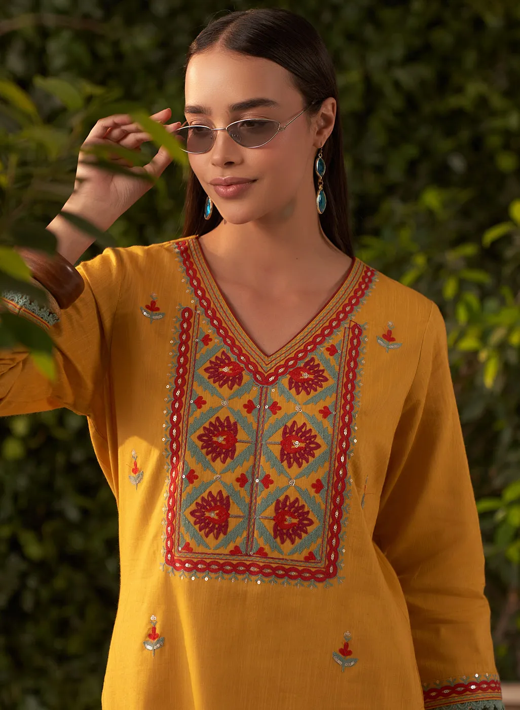 Nia Mustard Embroidered Rayon Co-ord Set for Women