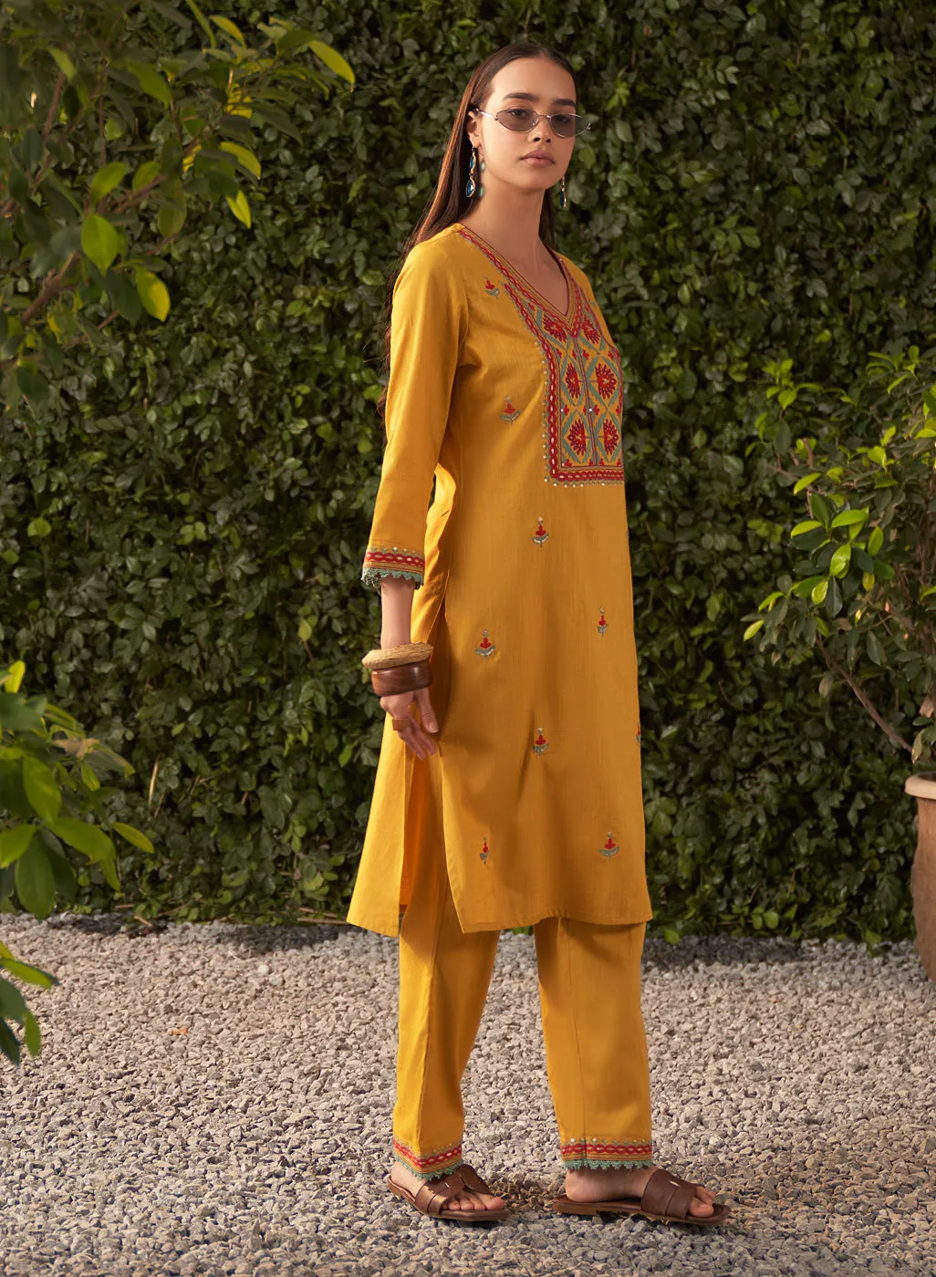 Nia Mustard Embroidered Rayon Co-ord Set for Women