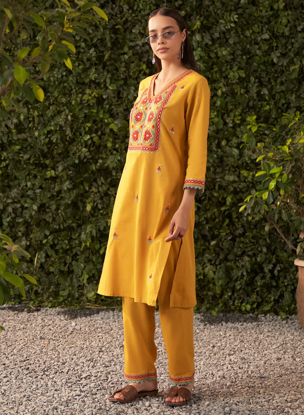 Nia Mustard Embroidered Rayon Co-ord Set for Women