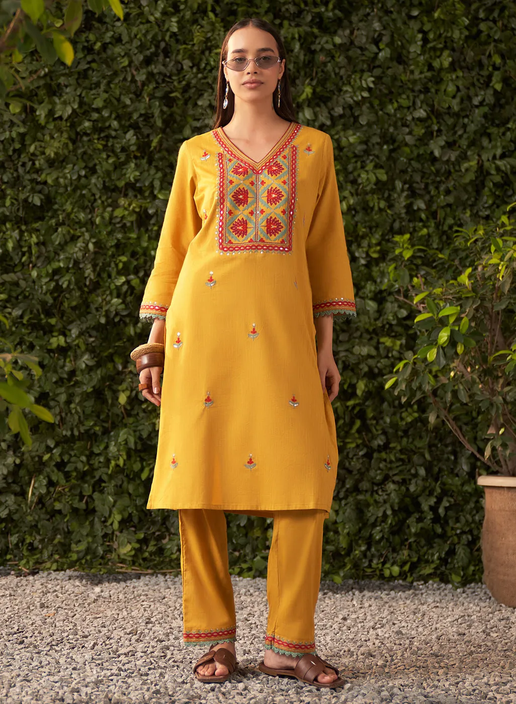 Nia Mustard Embroidered Rayon Co-ord Set for Women