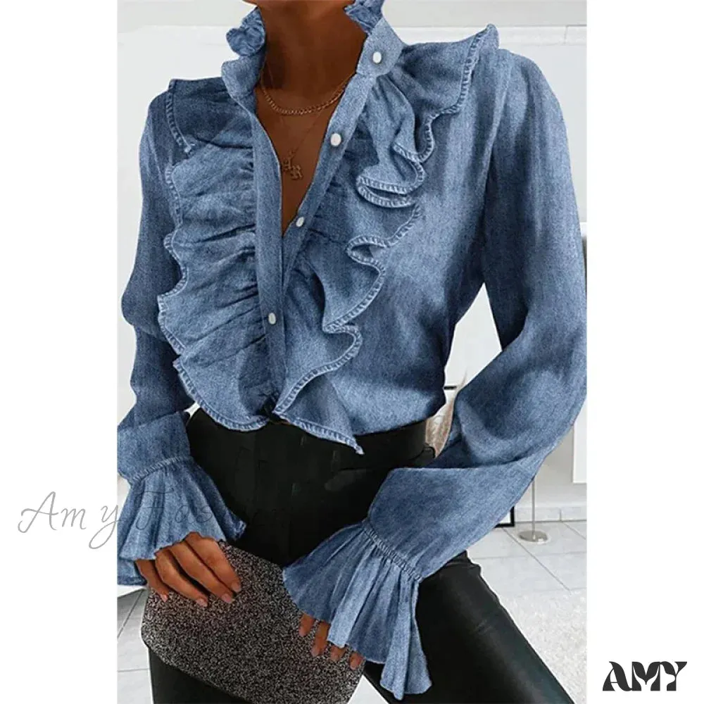Plus Size Business Blue Ruffles Sexy V-Neck Denim Blouse