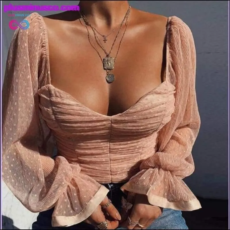 Polka Dot Blouse Women Mesh Shirts Pink Tops Sweetheart
