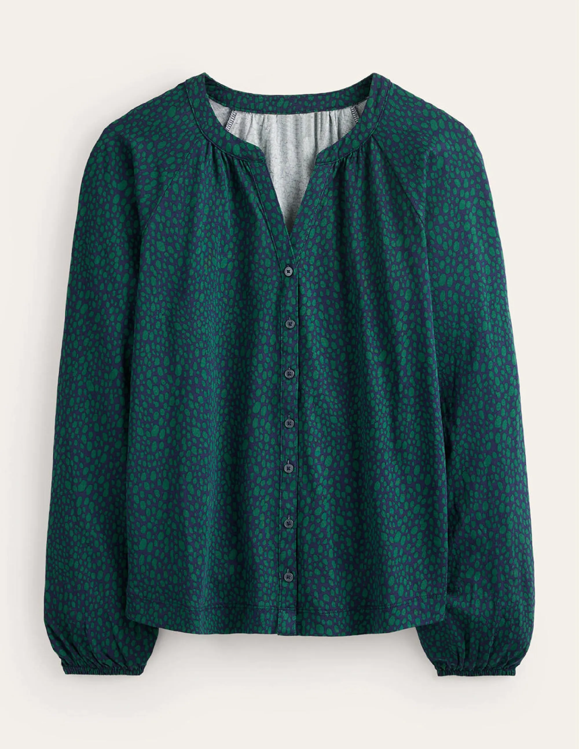Printed Gather-Detail Shirt-Amazon Green , Animal Spot
