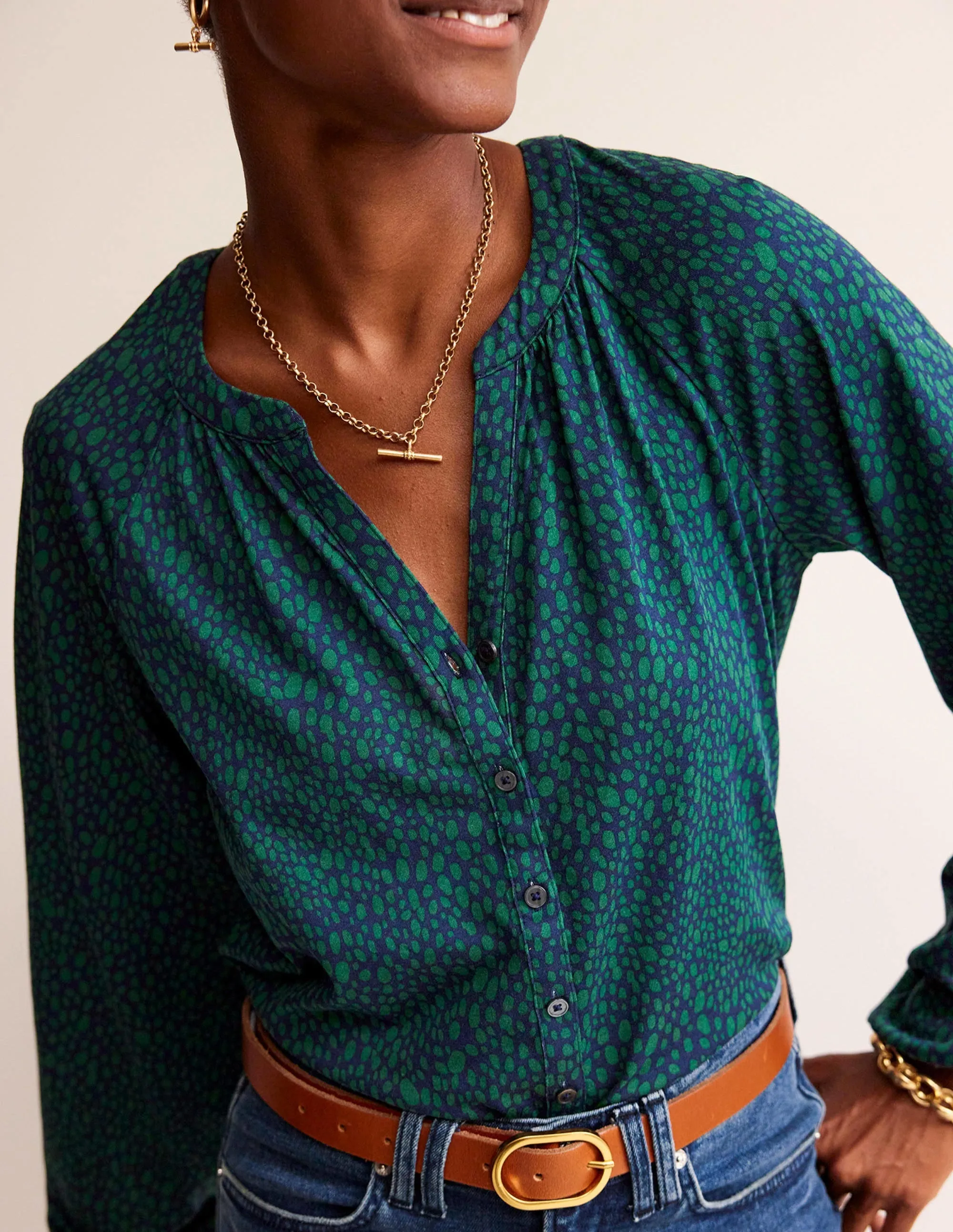 Printed Gather-Detail Shirt-Amazon Green , Animal Spot