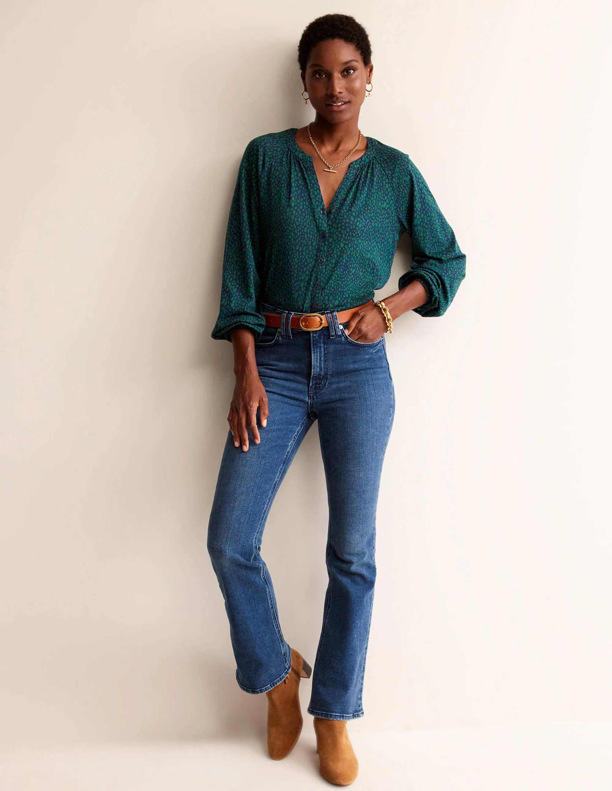 Printed Gather-Detail Shirt-Amazon Green , Animal Spot