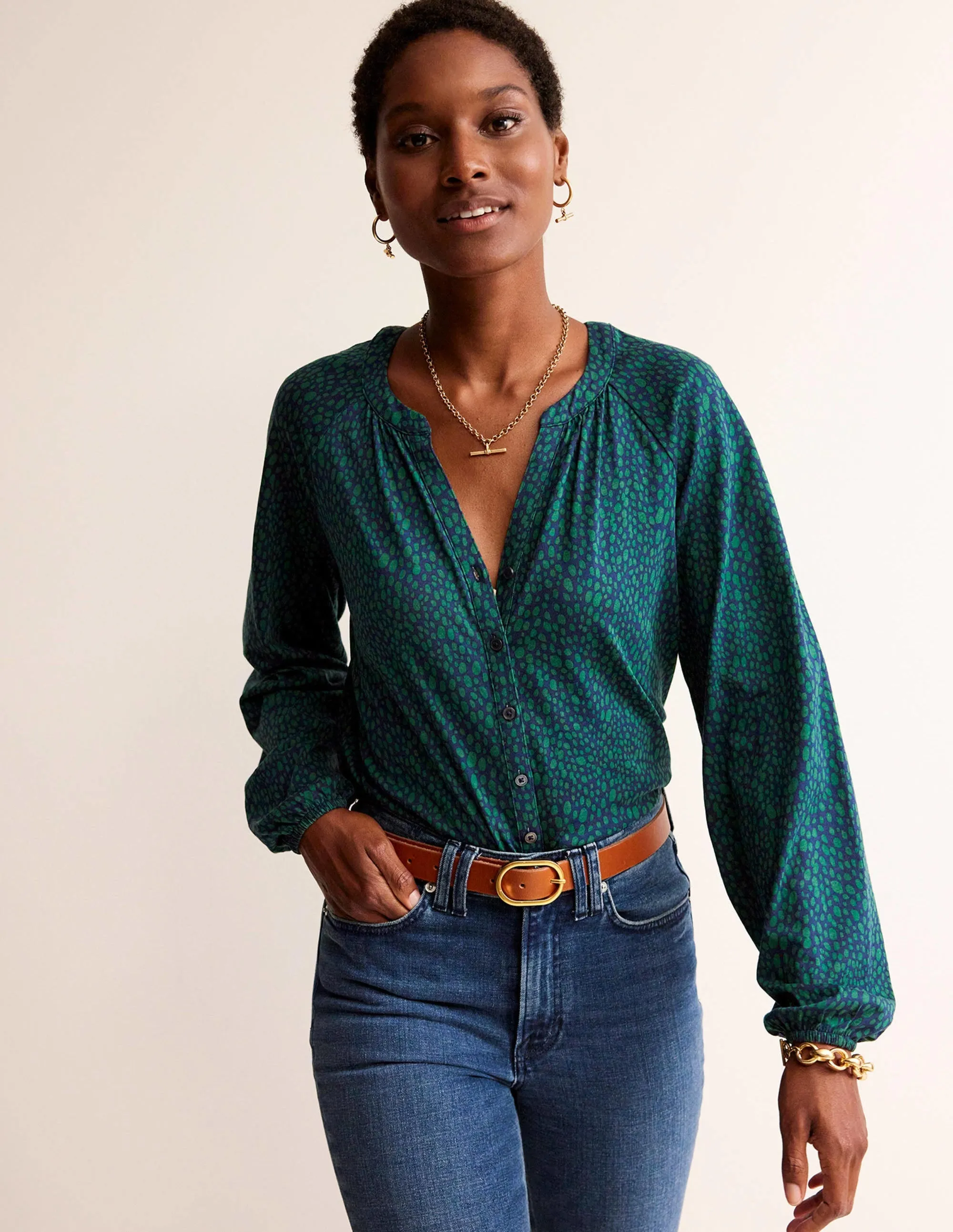 Printed Gather-Detail Shirt-Amazon Green , Animal Spot