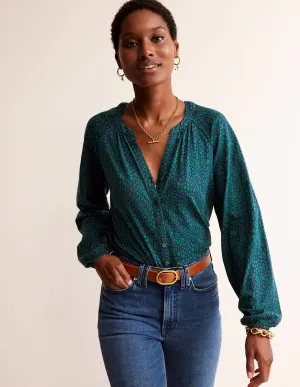 Printed Gather-Detail Shirt-Amazon Green , Animal Spot