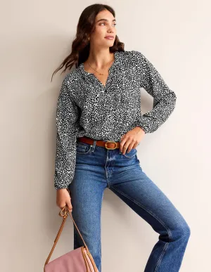 Printed Gather-Detail Shirt-Black, Animal Spot