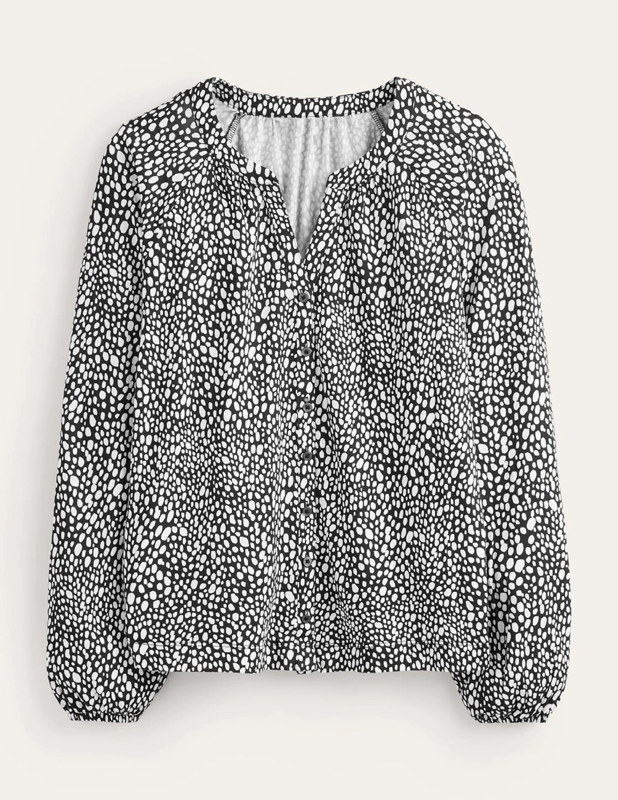 Printed Gather-Detail Shirt-Black, Animal Spot