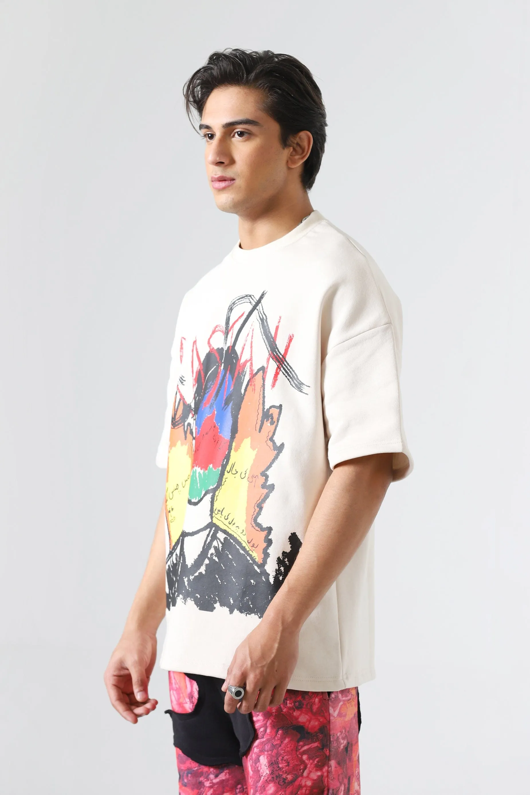 "LINE OF FIRE" PRINTED BEIGE T SHIRT