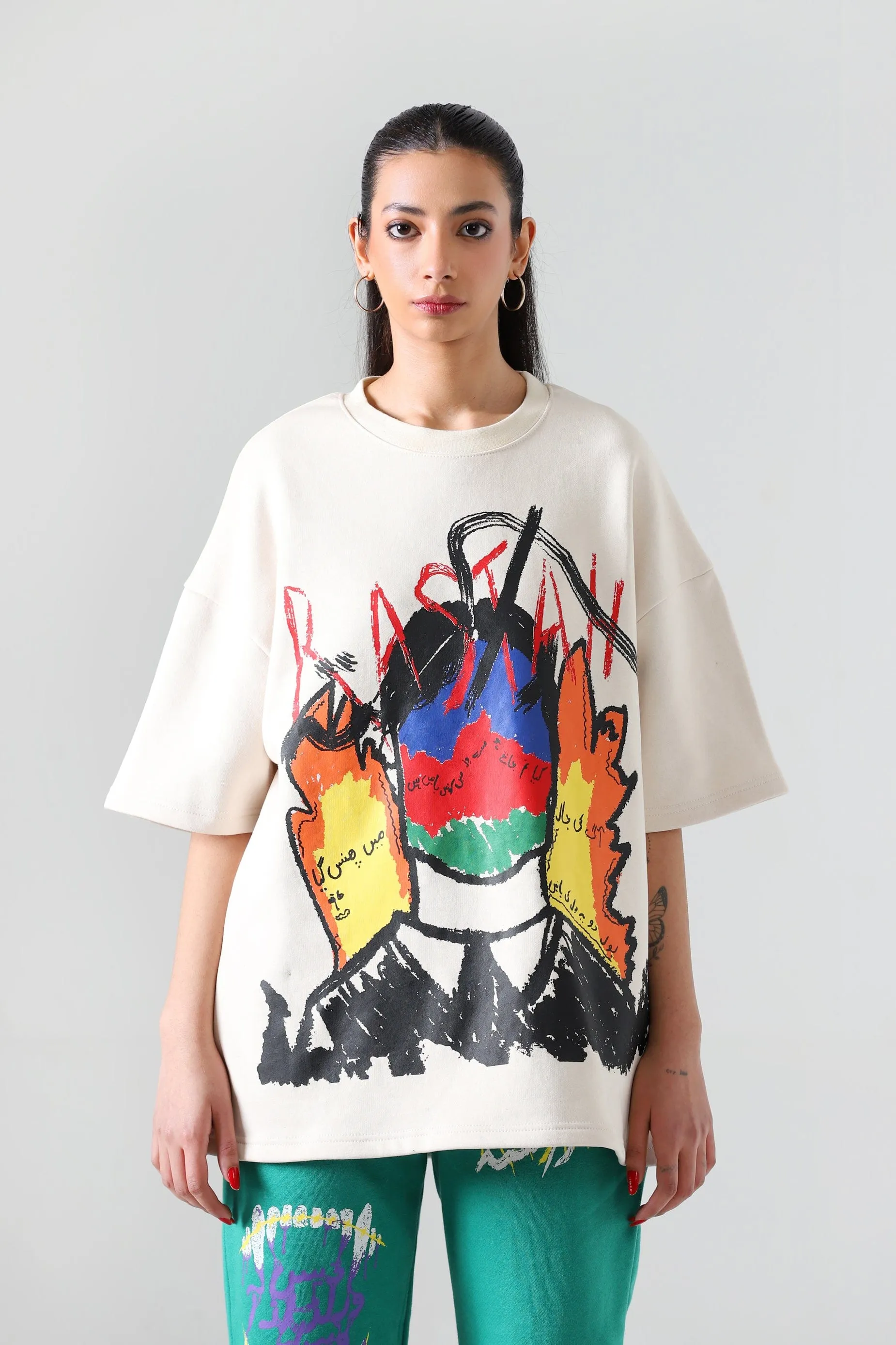 "LINE OF FIRE" PRINTED BEIGE T SHIRT