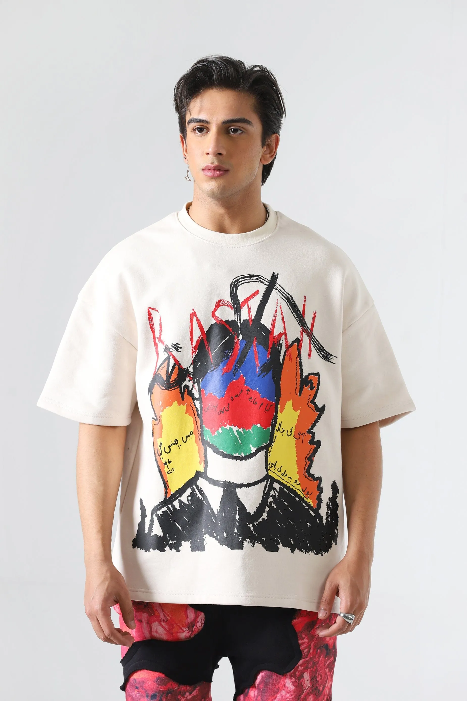 "LINE OF FIRE" PRINTED BEIGE T SHIRT