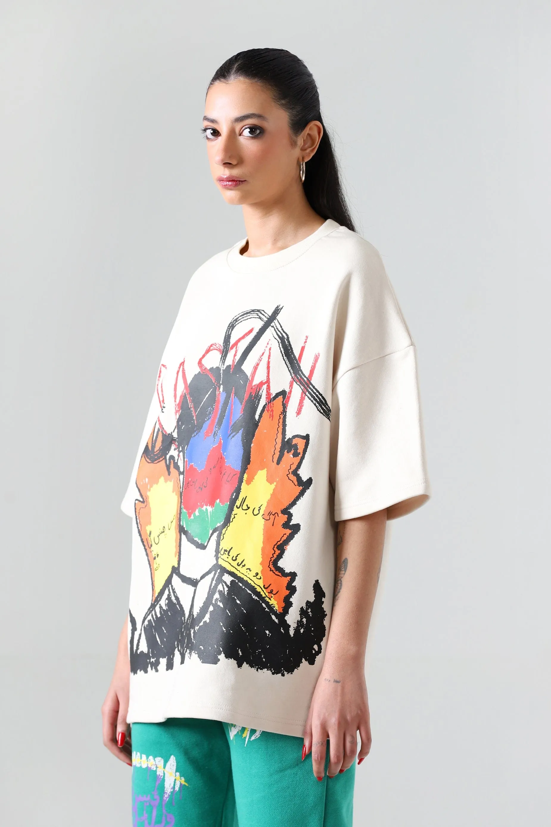 "LINE OF FIRE" PRINTED BEIGE T SHIRT