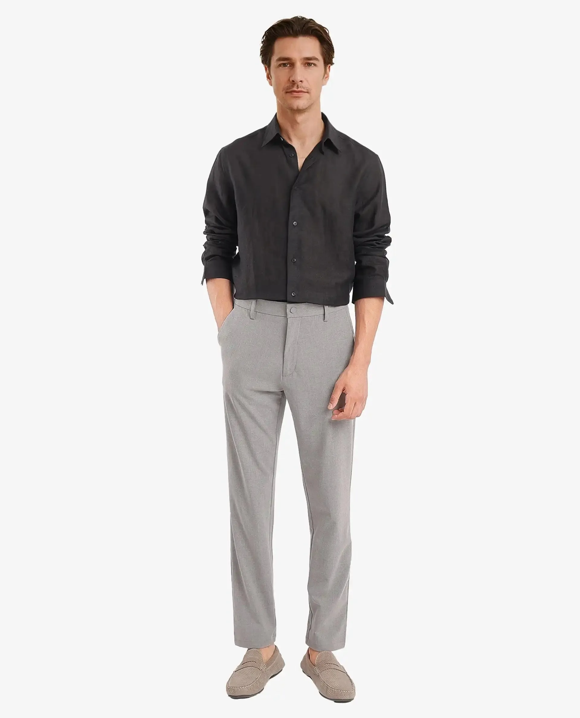 Rare Rabbit Men Fign Black Fabric Full Sleeve Regular Collar Button Closure Regular Fit Solid Linen Shirt