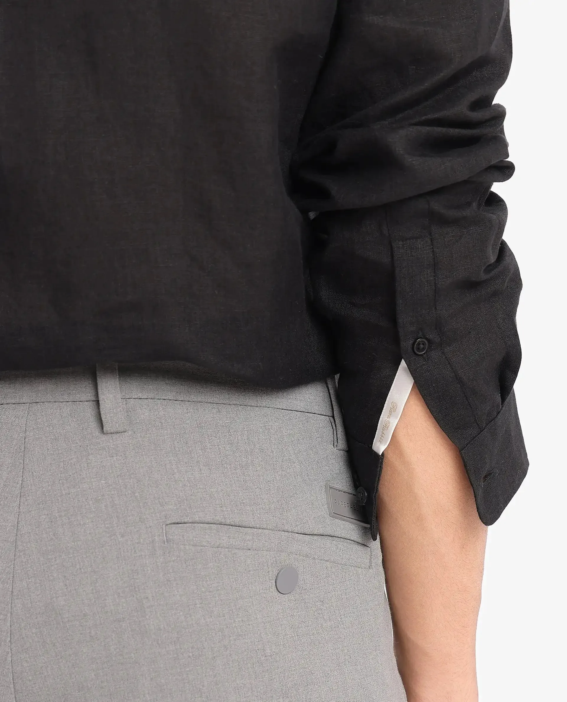 Rare Rabbit Men Fign Black Fabric Full Sleeve Regular Collar Button Closure Regular Fit Solid Linen Shirt