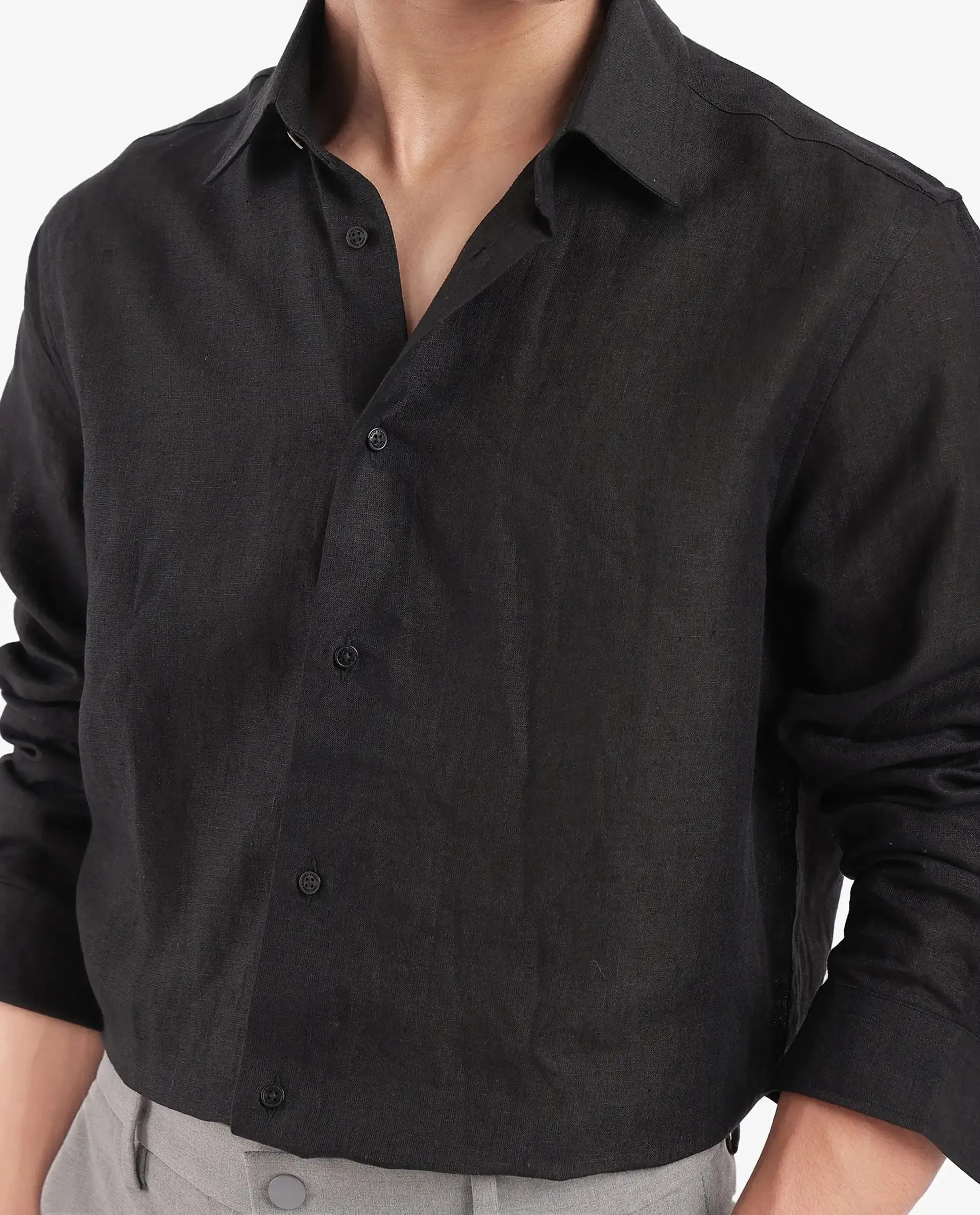 Rare Rabbit Men Fign Black Fabric Full Sleeve Regular Collar Button Closure Regular Fit Solid Linen Shirt
