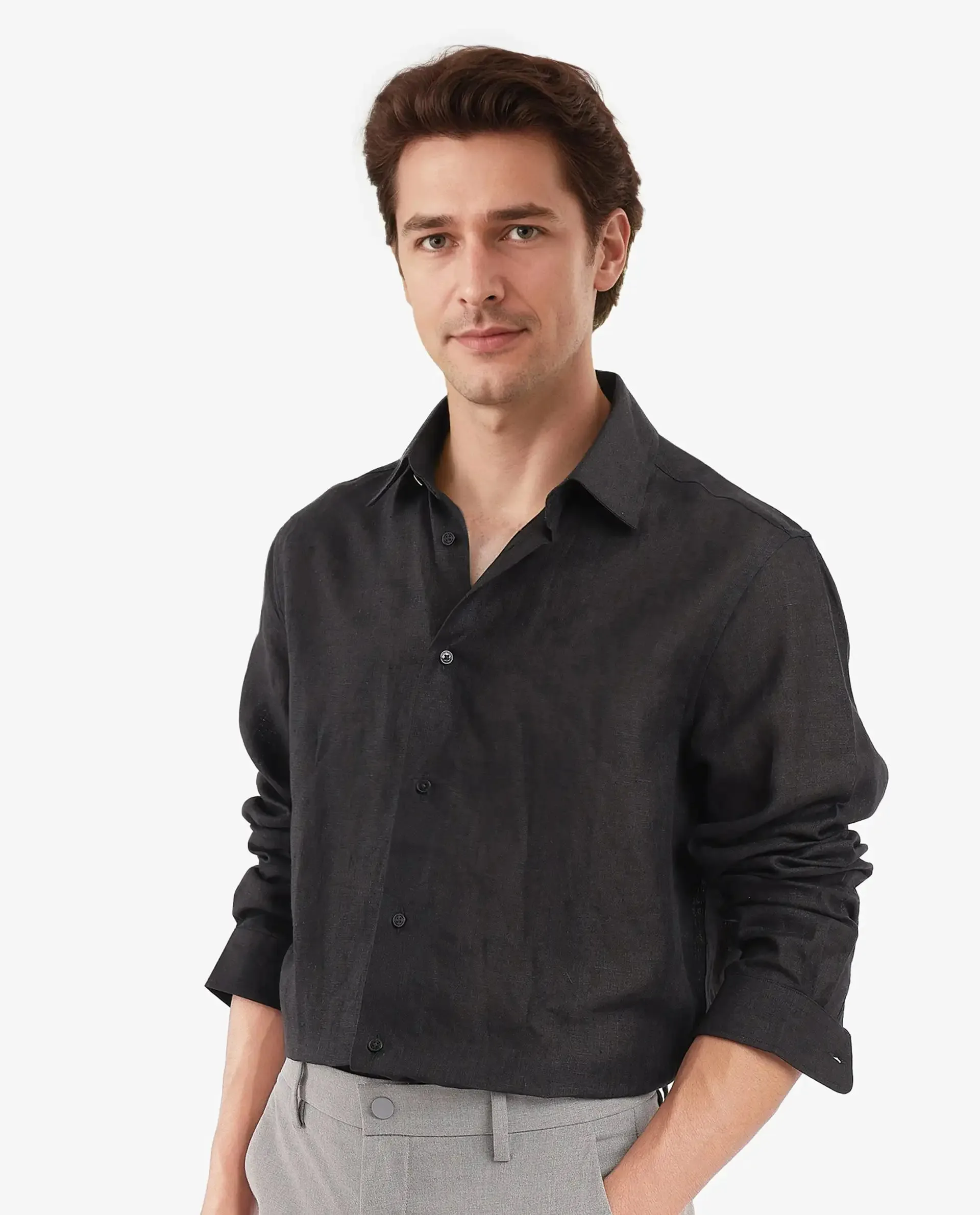 Rare Rabbit Men Fign Black Fabric Full Sleeve Regular Collar Button Closure Regular Fit Solid Linen Shirt