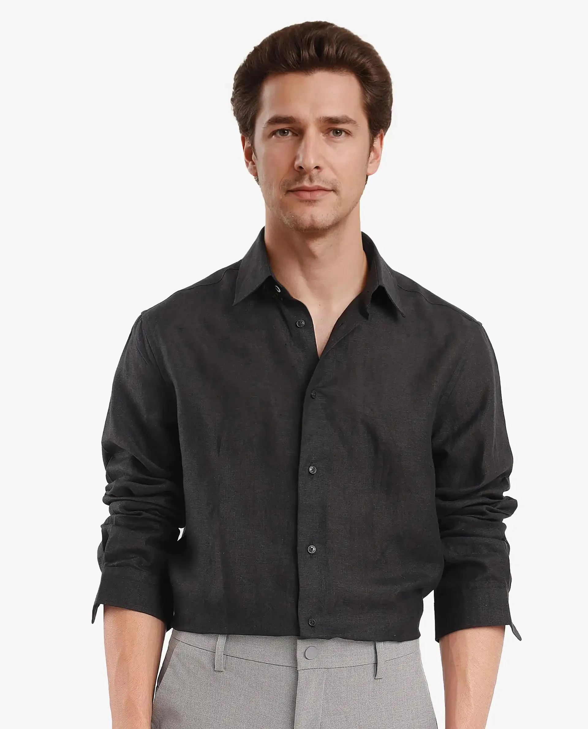 Rare Rabbit Men Fign Black Fabric Full Sleeve Regular Collar Button Closure Regular Fit Solid Linen Shirt