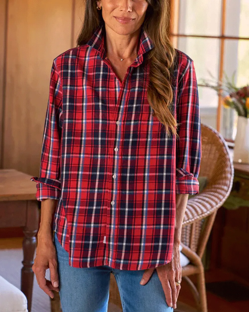 Red and Navy Plaid Relaxed Button Up Shirt