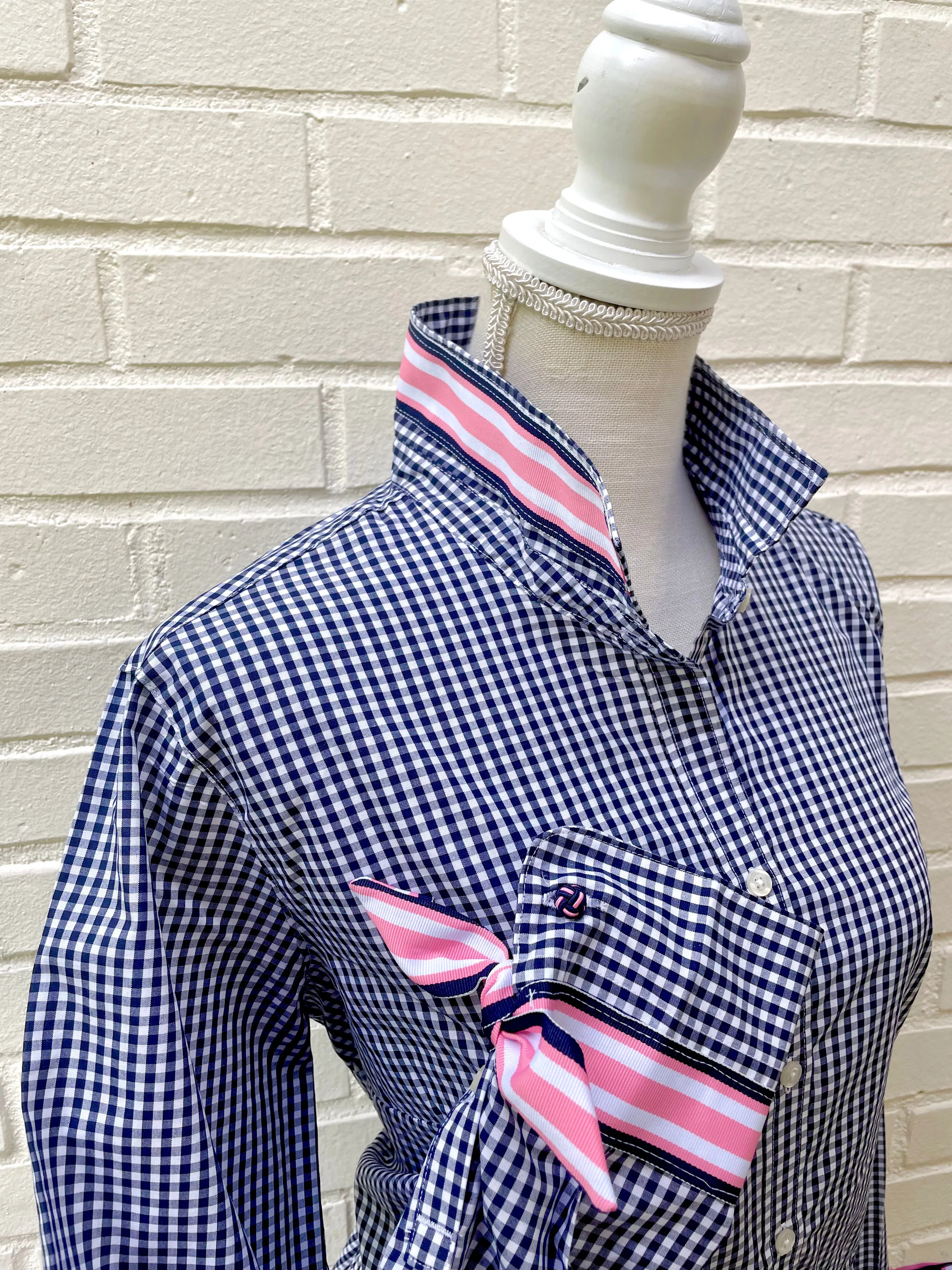 SALE - S ONLY - Audrey Navy Gingham Ribbon French Cuff Shirt (RFC30) *FINAL SALE*