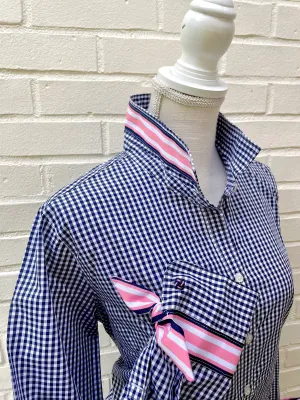 SALE - S ONLY - Audrey Navy Gingham Ribbon French Cuff Shirt (RFC30) *FINAL SALE*