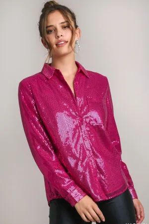 Sequin Long Sleeve Shirt with Side Chest Pocket