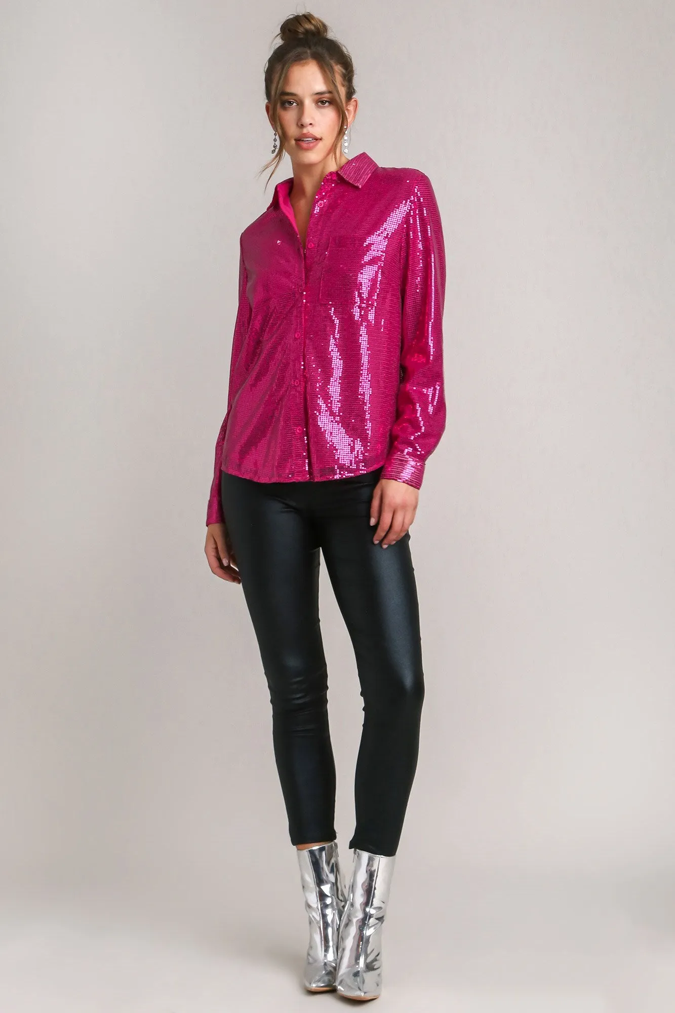 Sequin Long Sleeve Shirt with Side Chest Pocket
