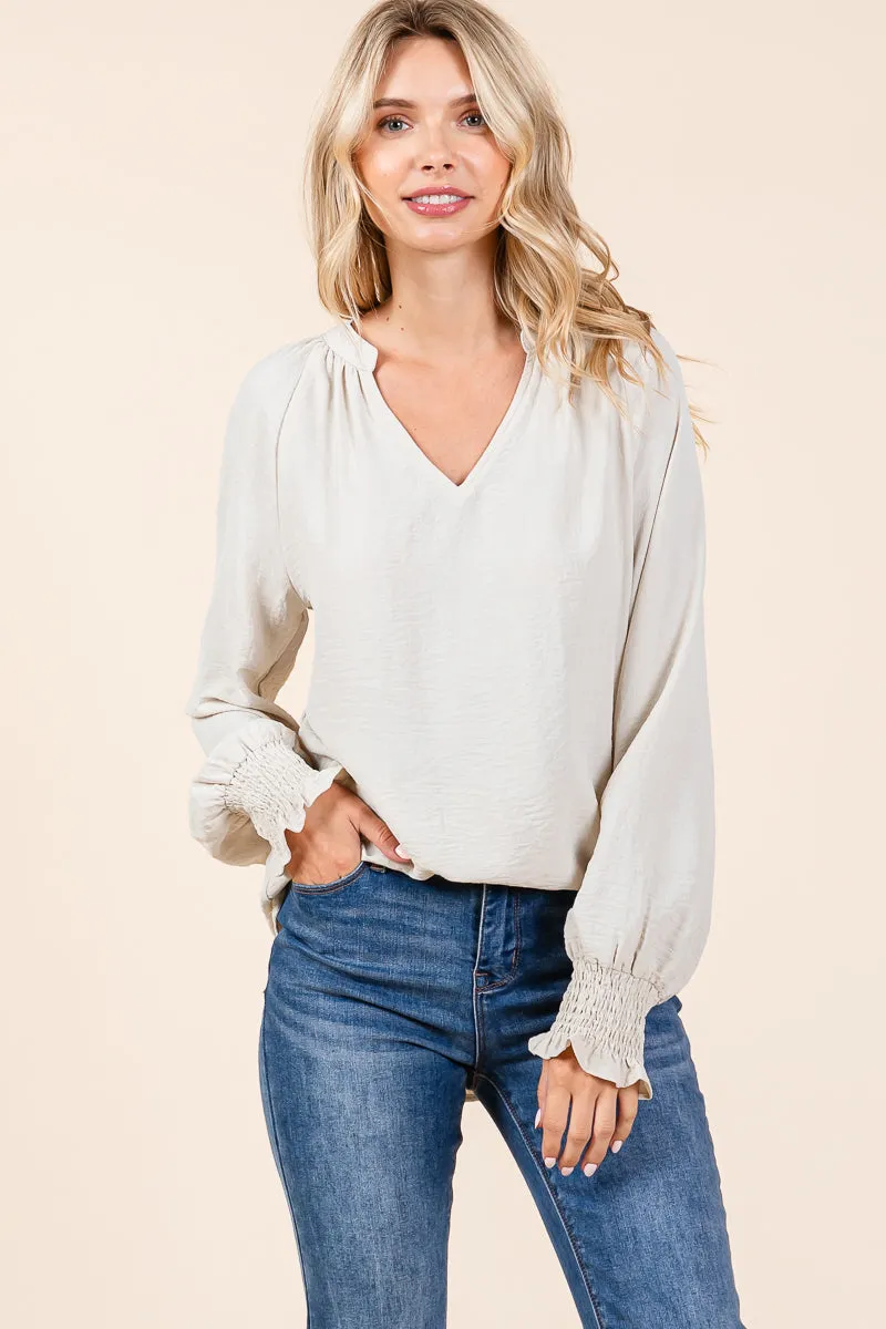 Smocked Long Sleeve Shirred Blouse Shirts