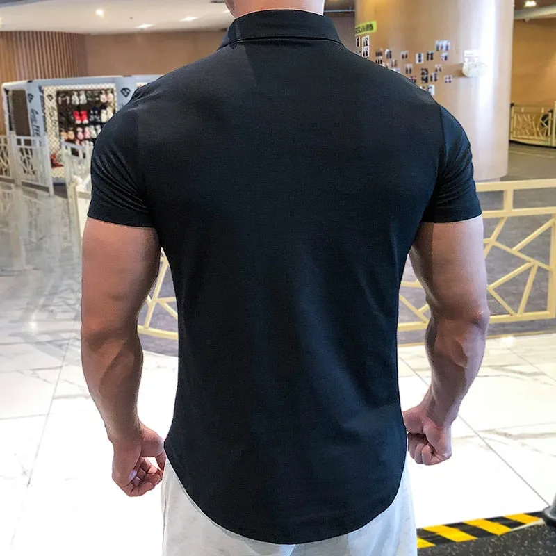 Sporty Spandex Solid Color Polo Shirt
