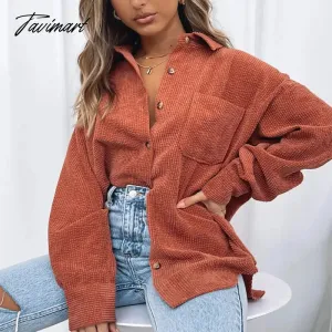 Tavimart Autumn Winter Corduroy Shirts Casual Turn-down Collar Pockets Women's Blouse Vintage Loose Female Fashion Streetwear Shirts