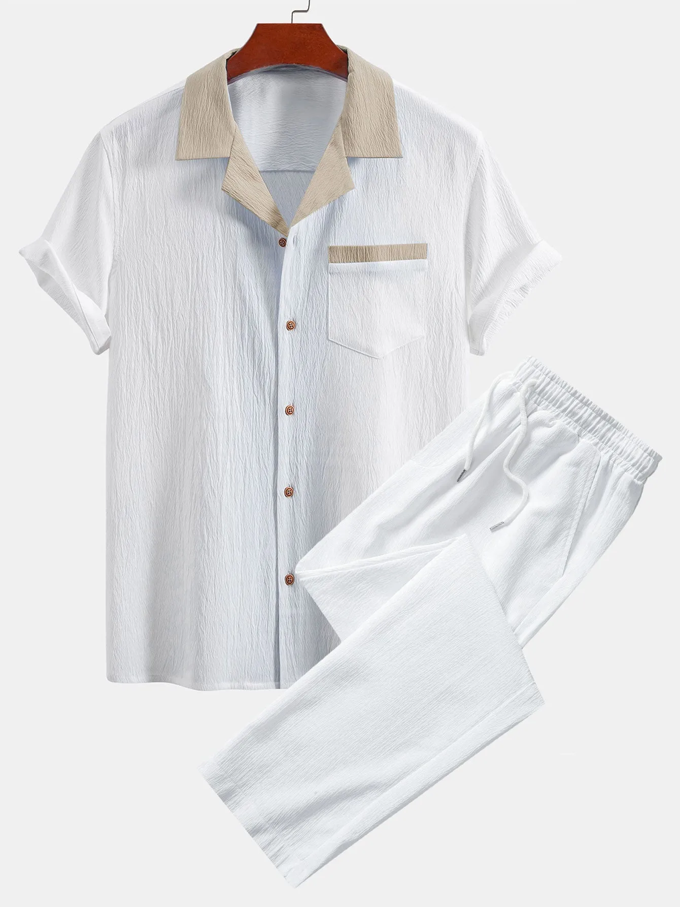 Textured Contrast Cuban Shirt & Straight Leg Pants