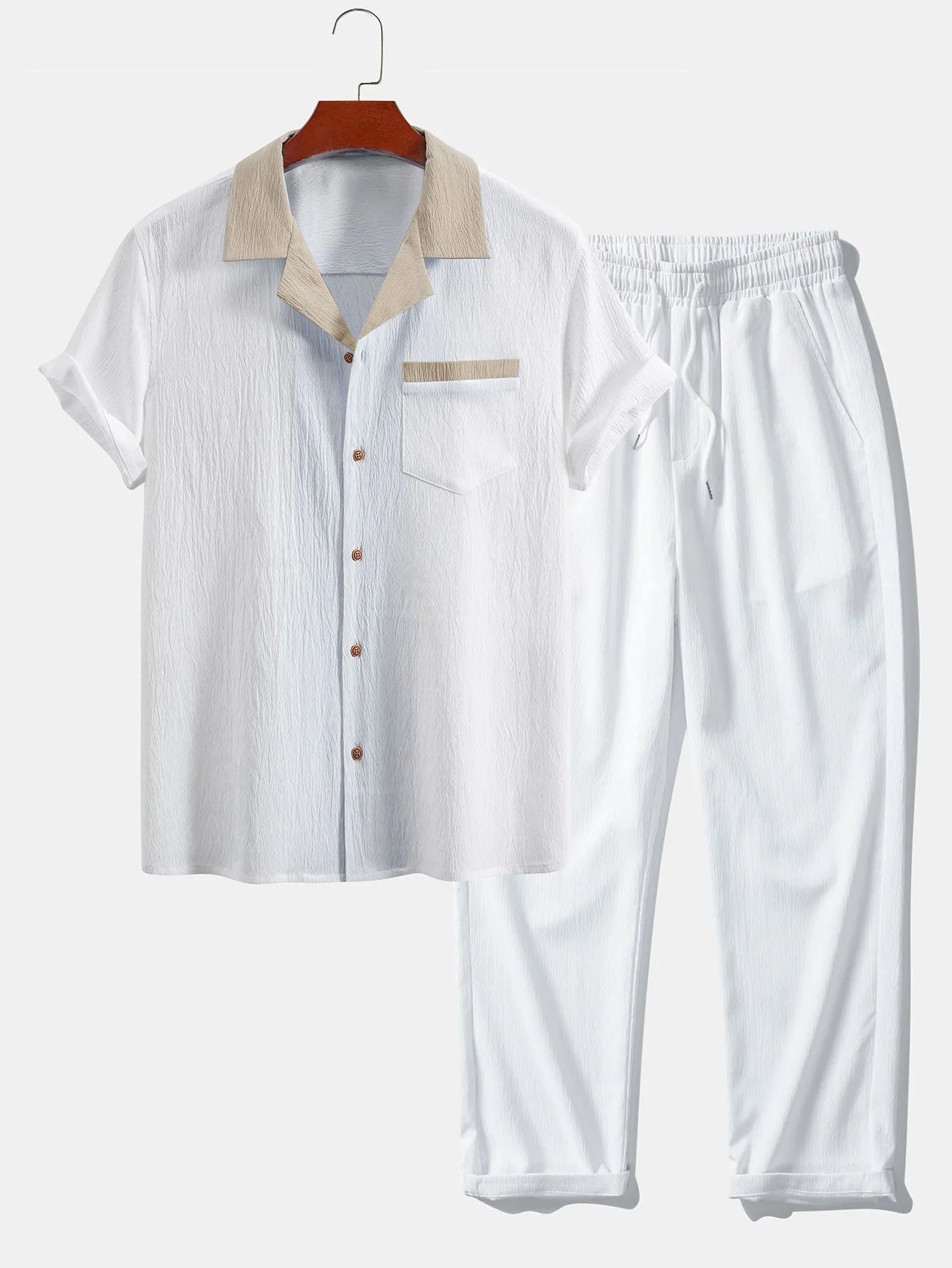 Textured Contrast Cuban Shirt & Straight Leg Pants
