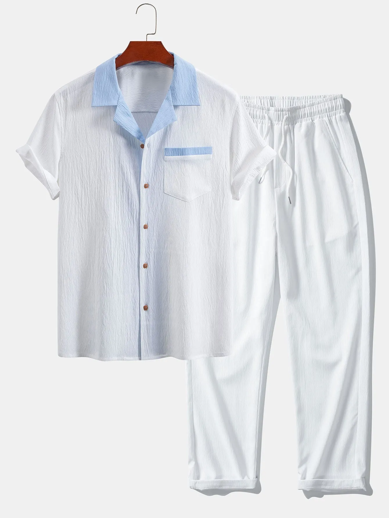 Textured Contrast Cuban Shirt & Straight Leg Pants