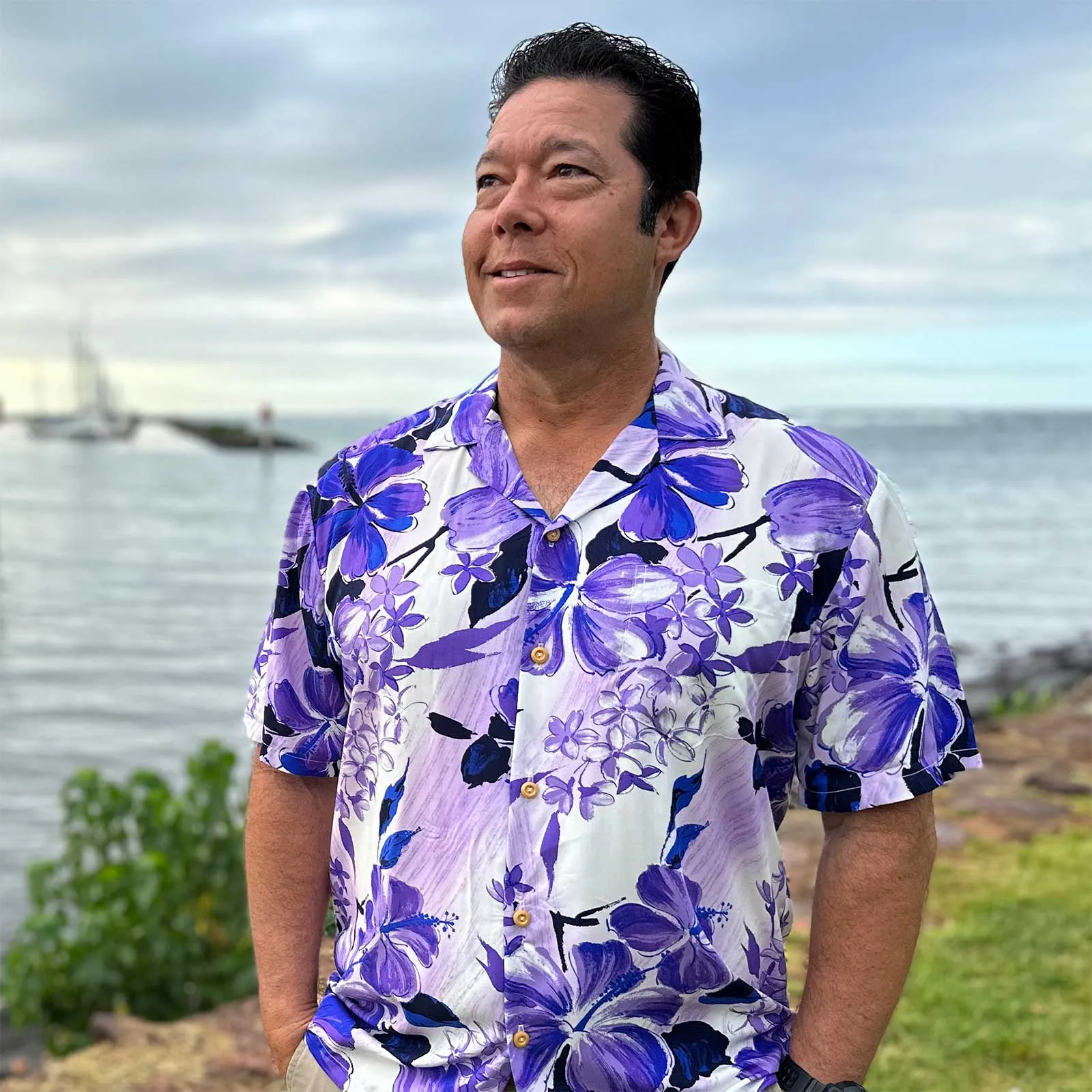 Watercolor Hibiscus Purple Hawaiian Shirt
